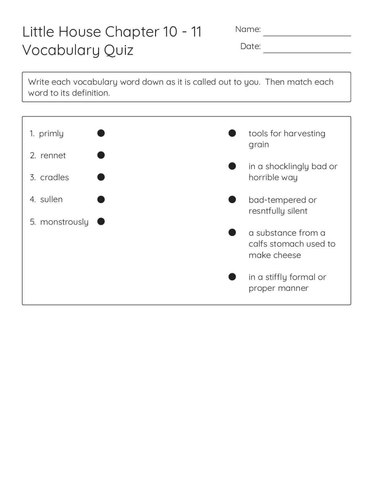 Printable 4th grade vocabulary matching worksheet for Little House chapters 10 and 11, featuring words like primly, rennet, cradles, and sullen.