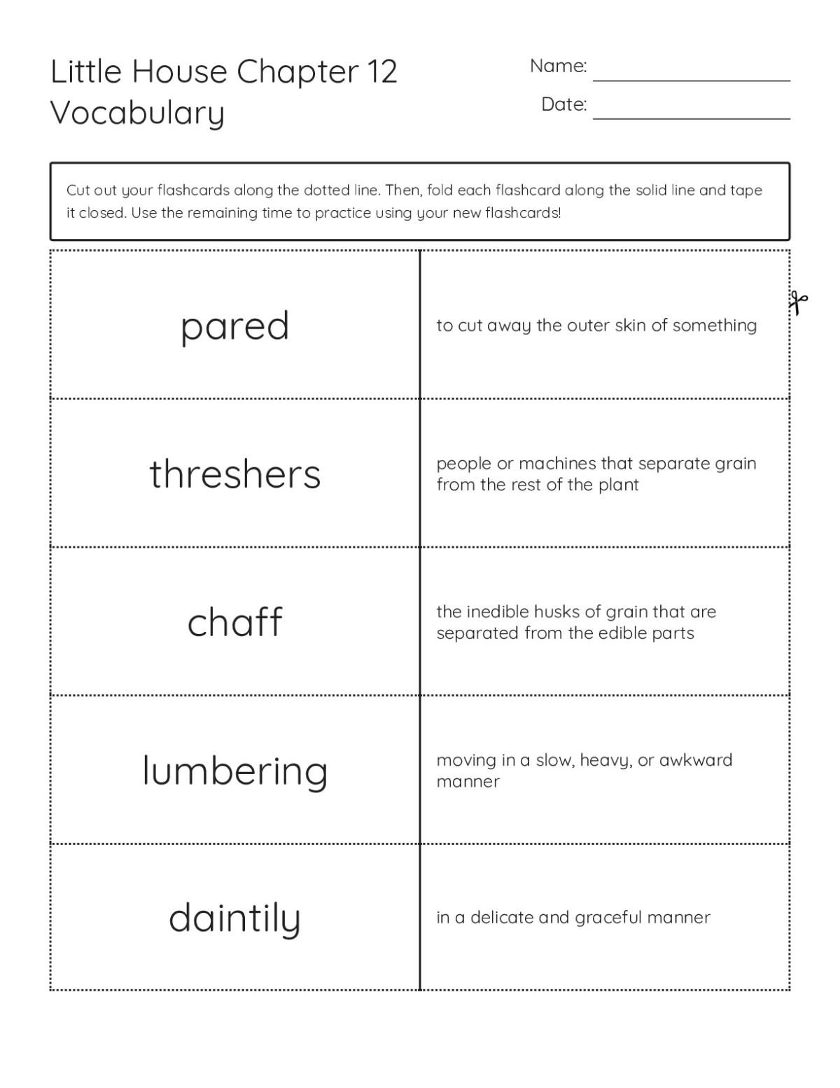 Vocabulary flashcards from Little House Chapter 12 with words like pared, threshers, and chaff for 4th graders.