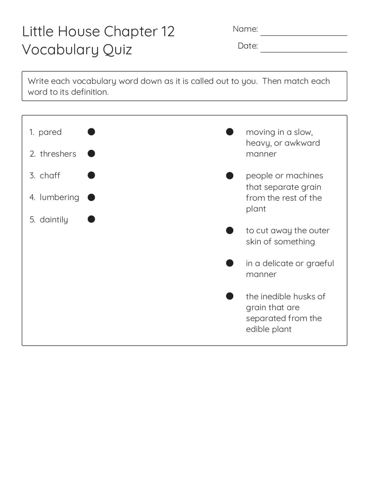 Printable vocabulary matching worksheet for Little House on the Prairie Chapter 12, featuring words pared, threshers, chaff, lumbering, and daintily.