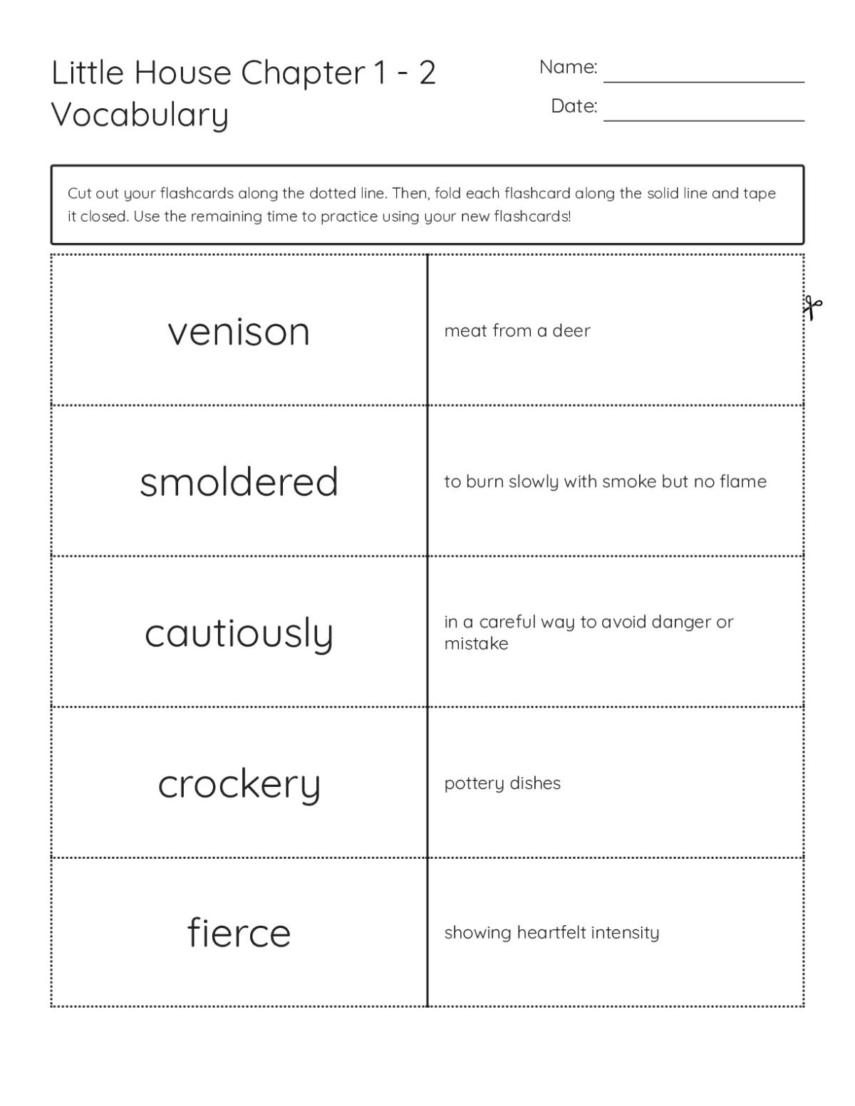 Vocabulary flashcards from Little House Chapter 1 with words like venison and cautiously for Grade 4.