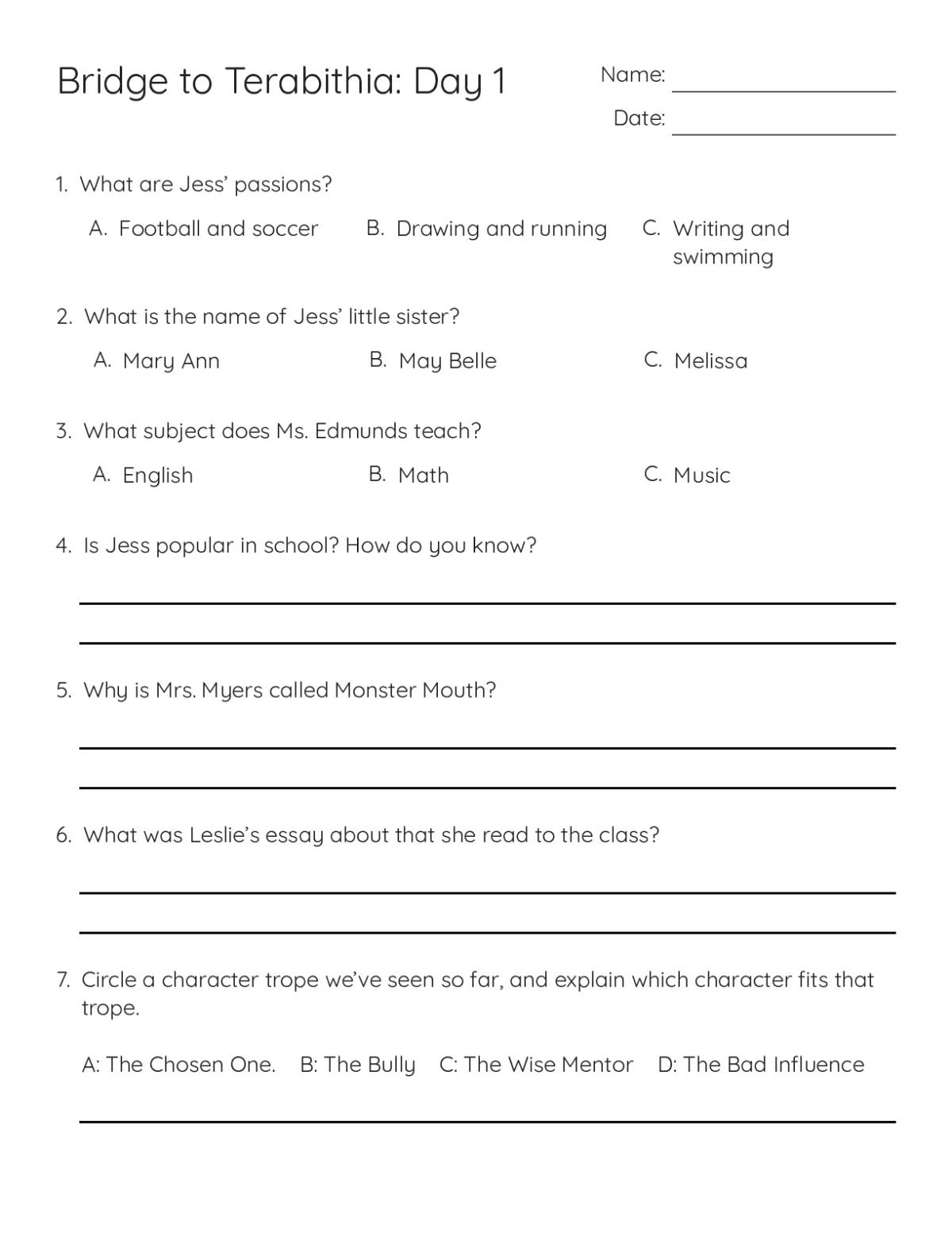 Printable 8th grade literature worksheet with comprehension questions on Bridge to Terabithia, including character analysis of Jess and Leslie.