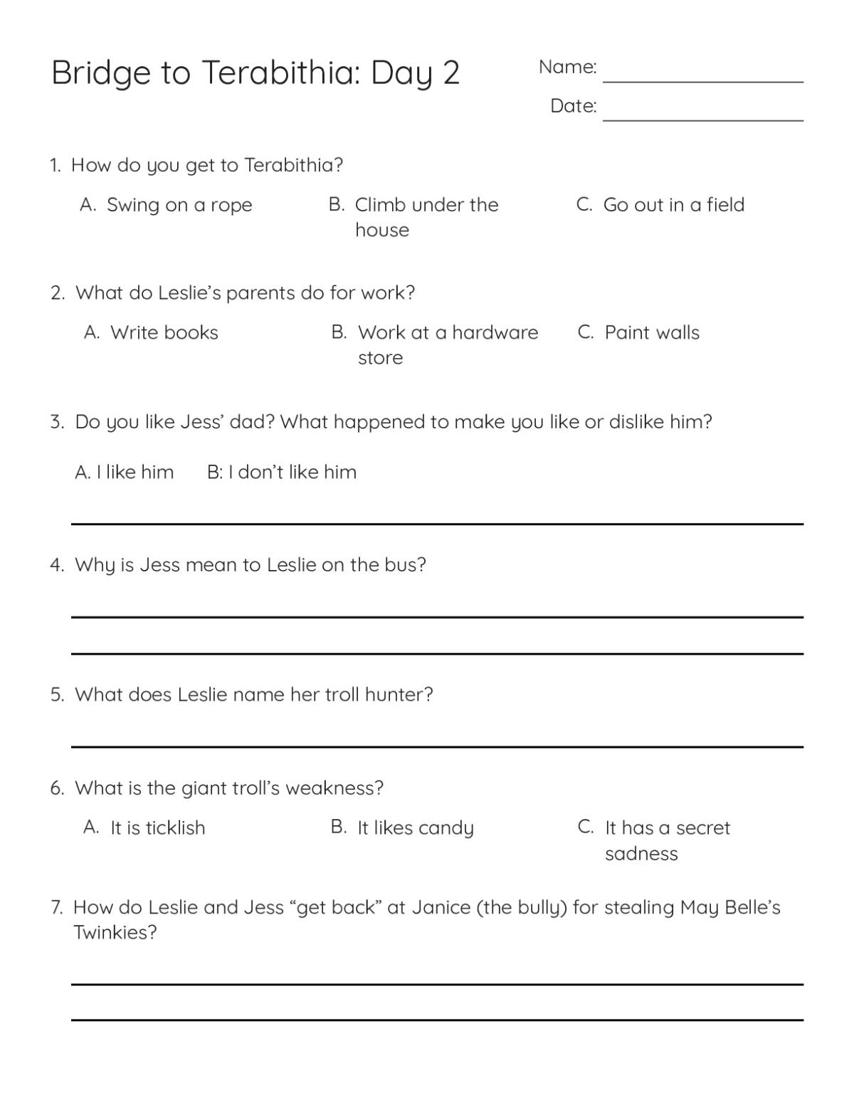 Printable reading guide for Bridge to Terabithia with comprehension and character-analysis questions on plot, characters, and predictions.