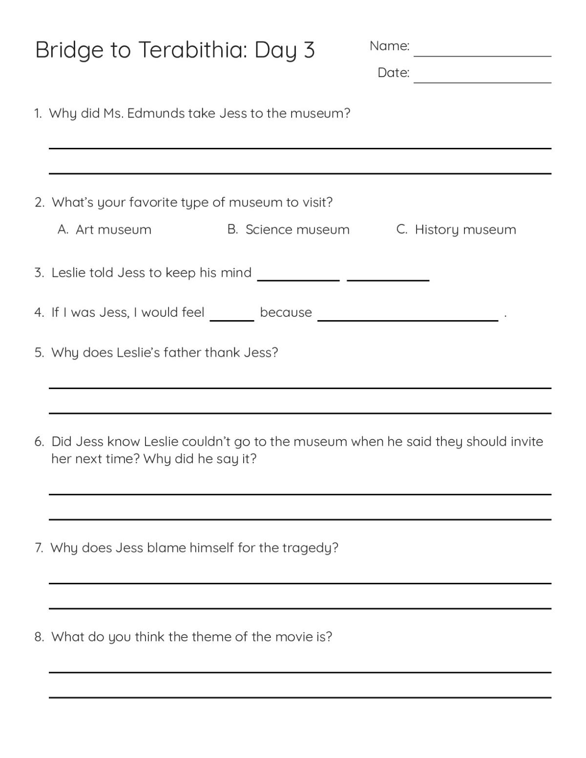 Worksheet with eight reading-comprehension questions on Bridge to Terabithia Day 3, including character analysis and theme discussion.
