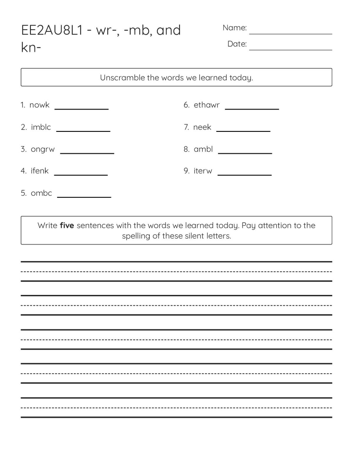 Printable kindergarten phonics worksheet on silent letters with word unscrambling, sentence writing, and reading comprehension.