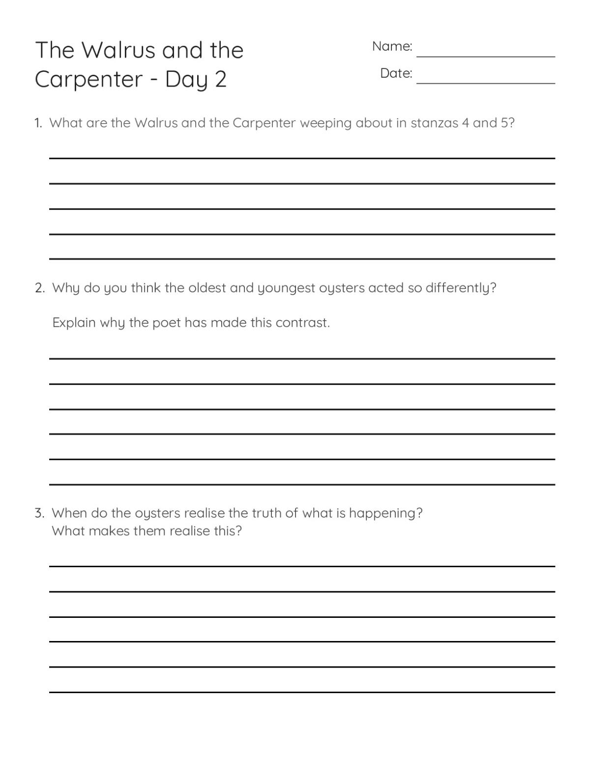 Printable 5th grade reading comprehension worksheet on Lewis Carroll's "The Walrus and the Carpenter" with three analysis questions.