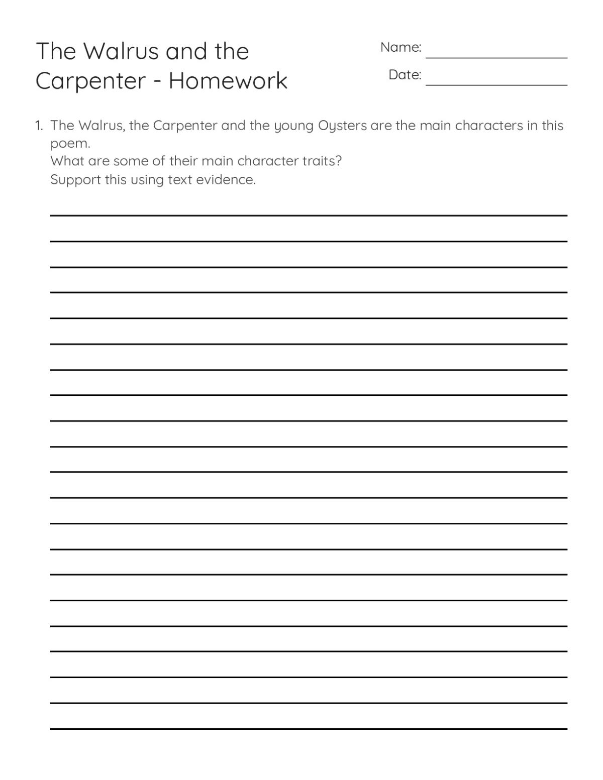 Printable 5th grade literature worksheet on character analysis from Lewis Carroll's "The Walrus and the Carpenter."