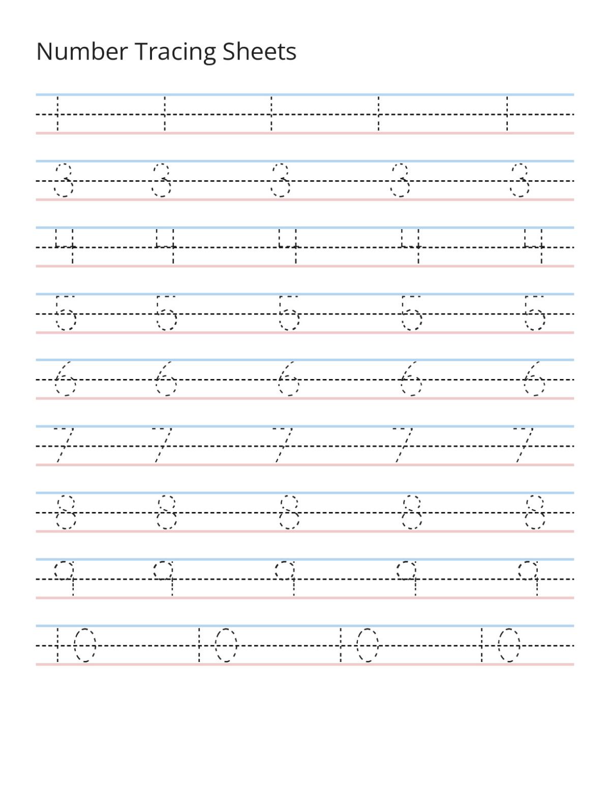 Kindergarten number tracing worksheet with numbers 1–10 repeated for handwriting practice.