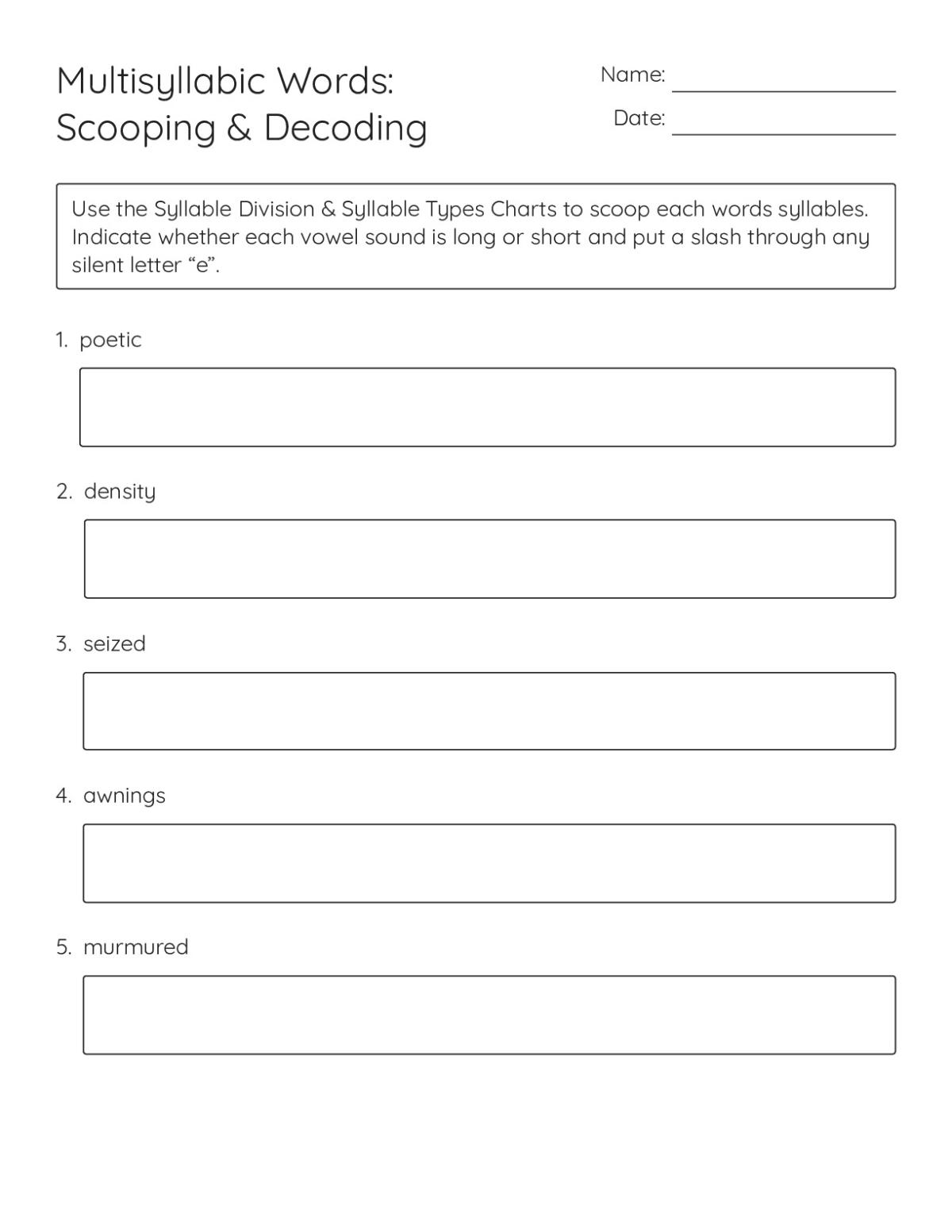 Printable 9th grade phonics worksheet with 25 multisyllabic words for syllable division, vowel-sound marking, and silent-letter identification.