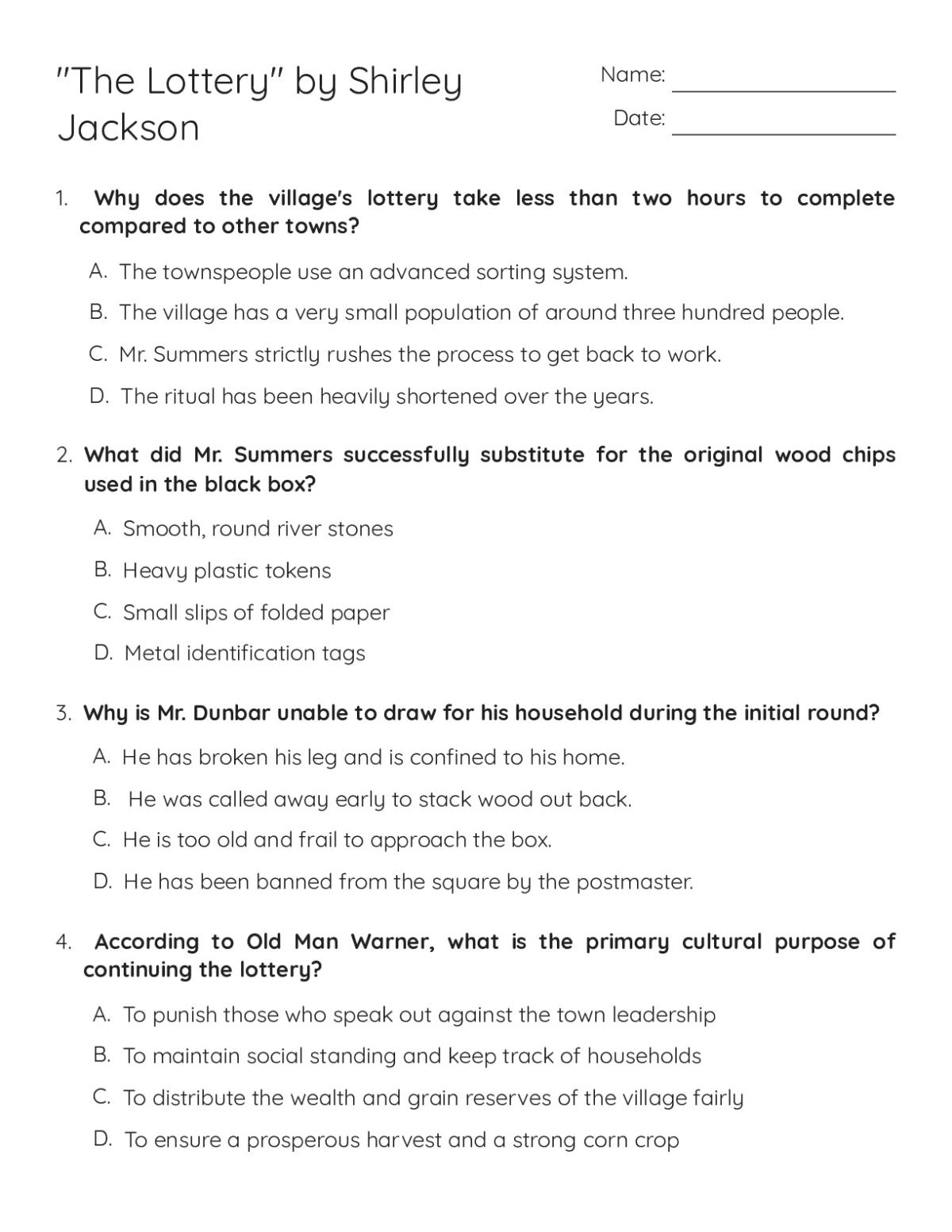 Literature worksheet on Shirley Jackson's "The Lottery" with multiple-choice questions and analysis prompts for grades 6–8.