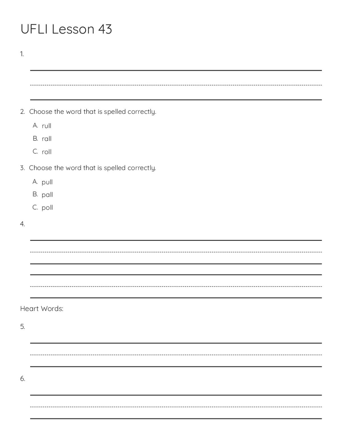 Printable 1st grade phonics worksheet on heart words with spelling choices for roll and pull.