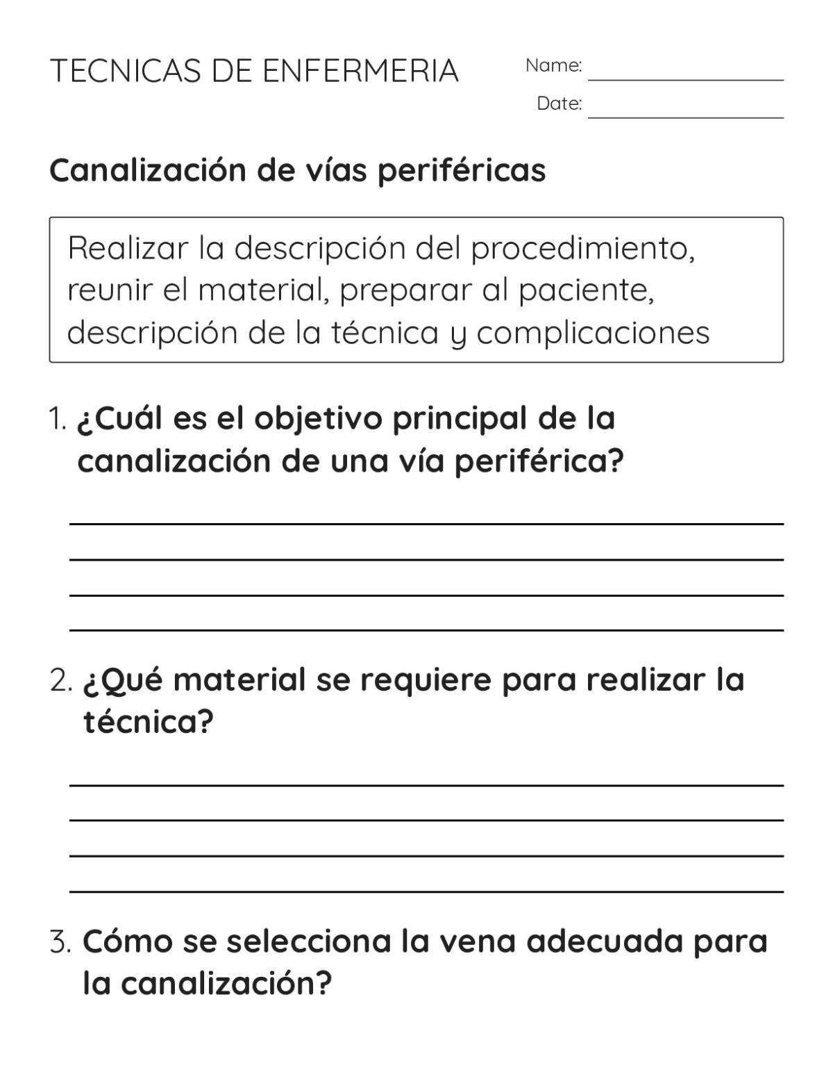 Printable nursing worksheet on peripheral IV catheterization technique with questions on insertion procedure, materials, asepsis, and complications.