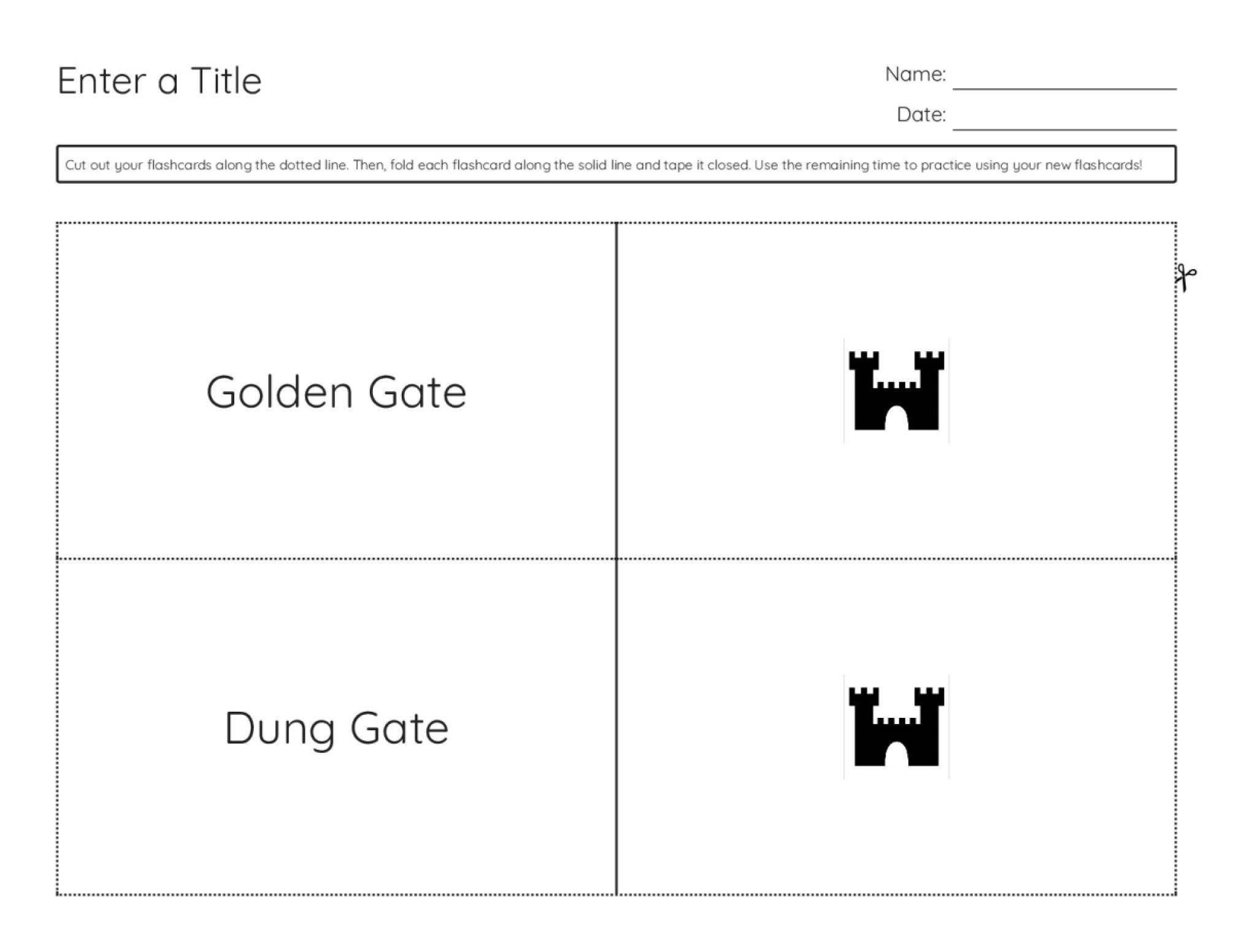 Jerusalem gates flashcards with Damascus Gate, Jaffa Gate, and Golden Gate for Grade 6 geography.