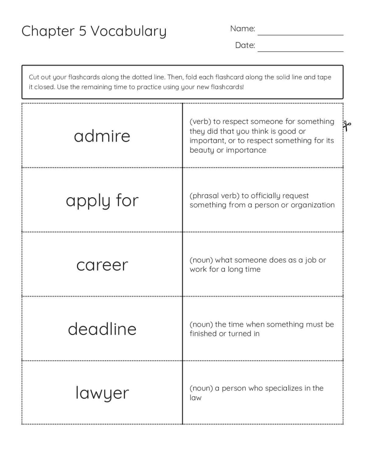 Vocabulary flashcards for Chapter 5 covering career and education terms like deadline, tuition, and salary for middle school.