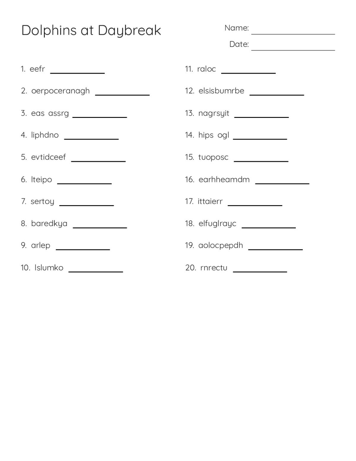 Printable word scramble worksheet with 20 ocean vocabulary words including dolphin, coral, reef, and oceanographer.