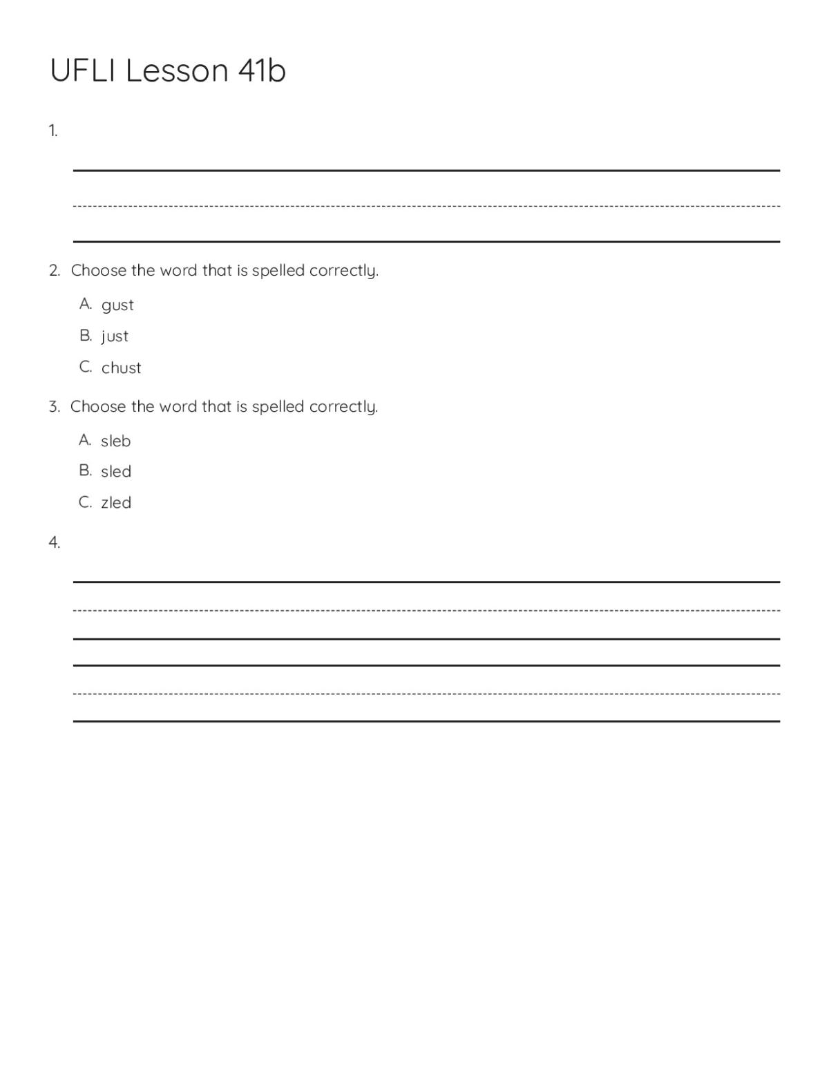 1st grade phonics worksheet with multiple-choice spelling questions on consonant blends and short words.