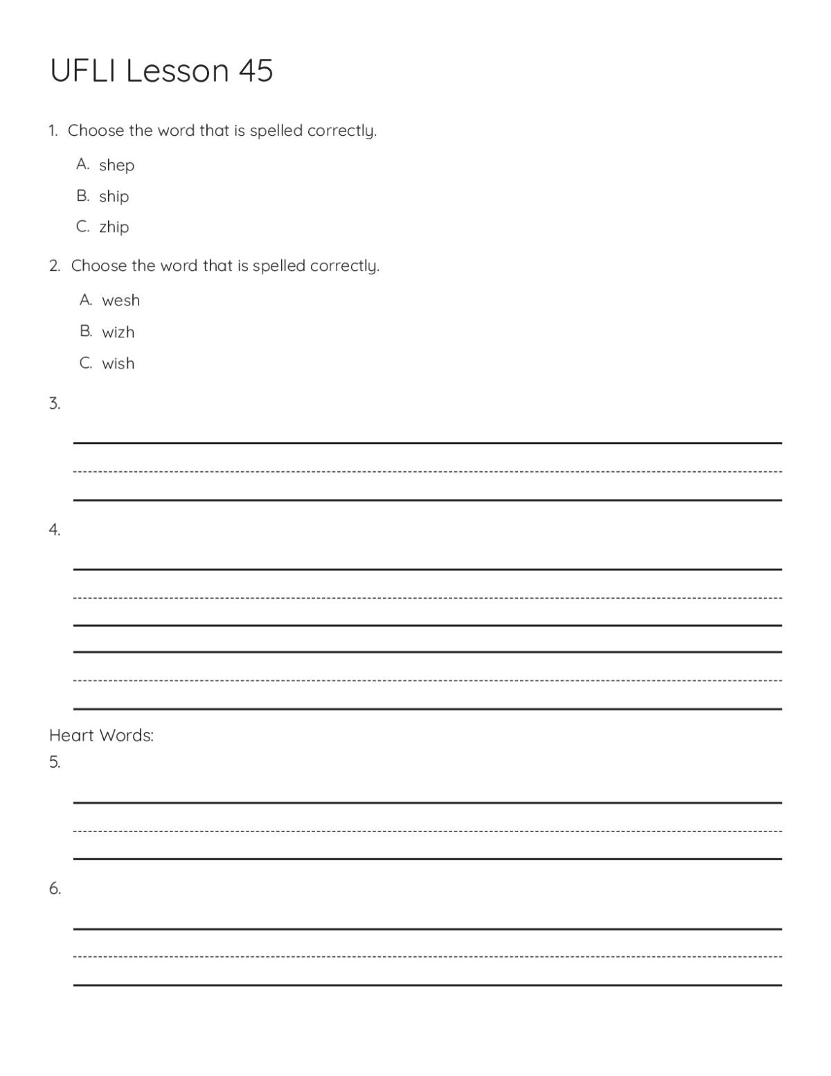 Printable 1st grade phonics worksheet with multiple-choice spelling questions and heart words activities.