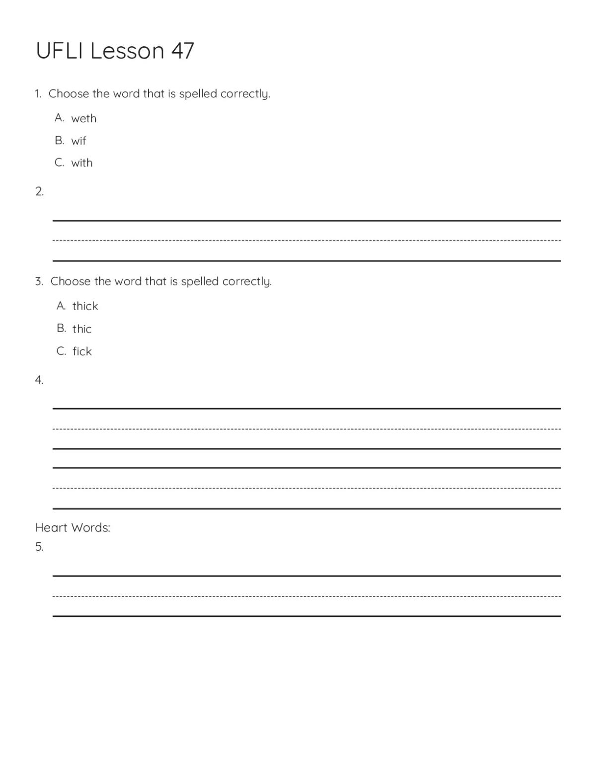 Printable 1st grade phonics worksheet on heart words, including sight word recognition and spelling practice for with and thick.