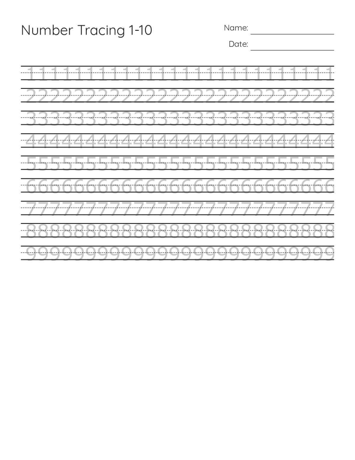 Kindergarten number tracing worksheet with rows of dotted numbers 1 through 10 for students to trace.