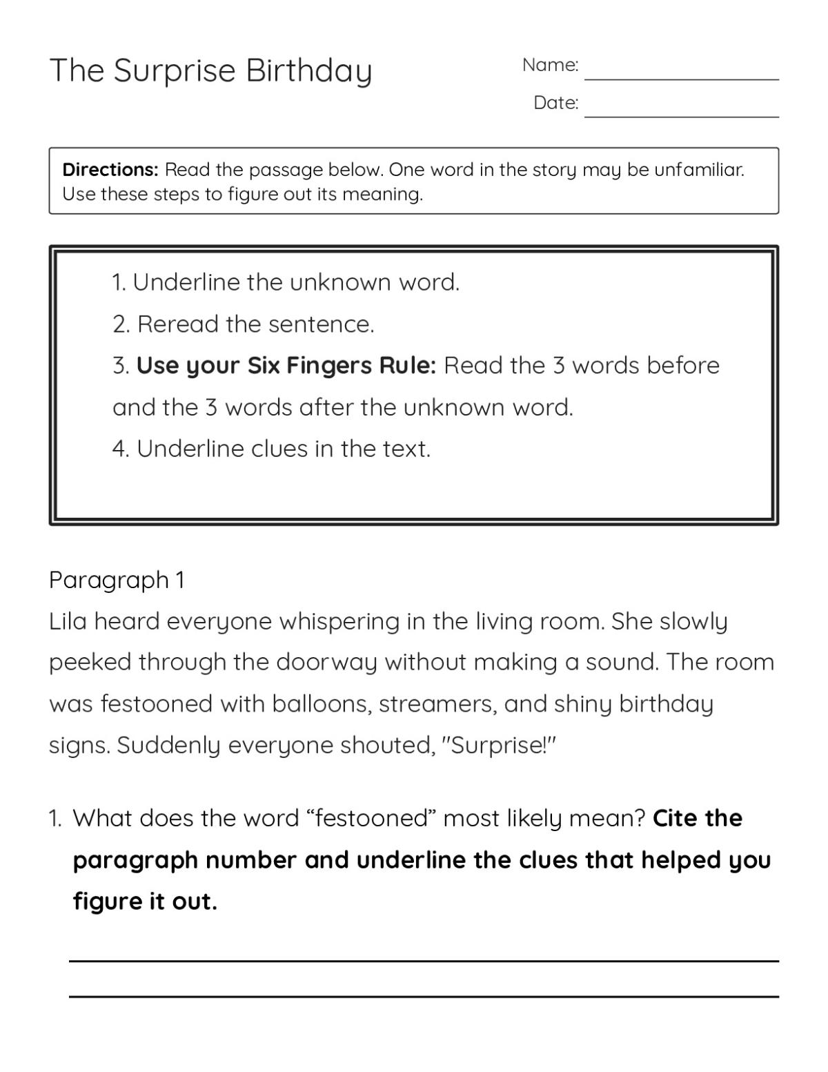 Printable 3rd grade reading worksheet teaching context clues strategy with a short passage about a surprise birthday party.