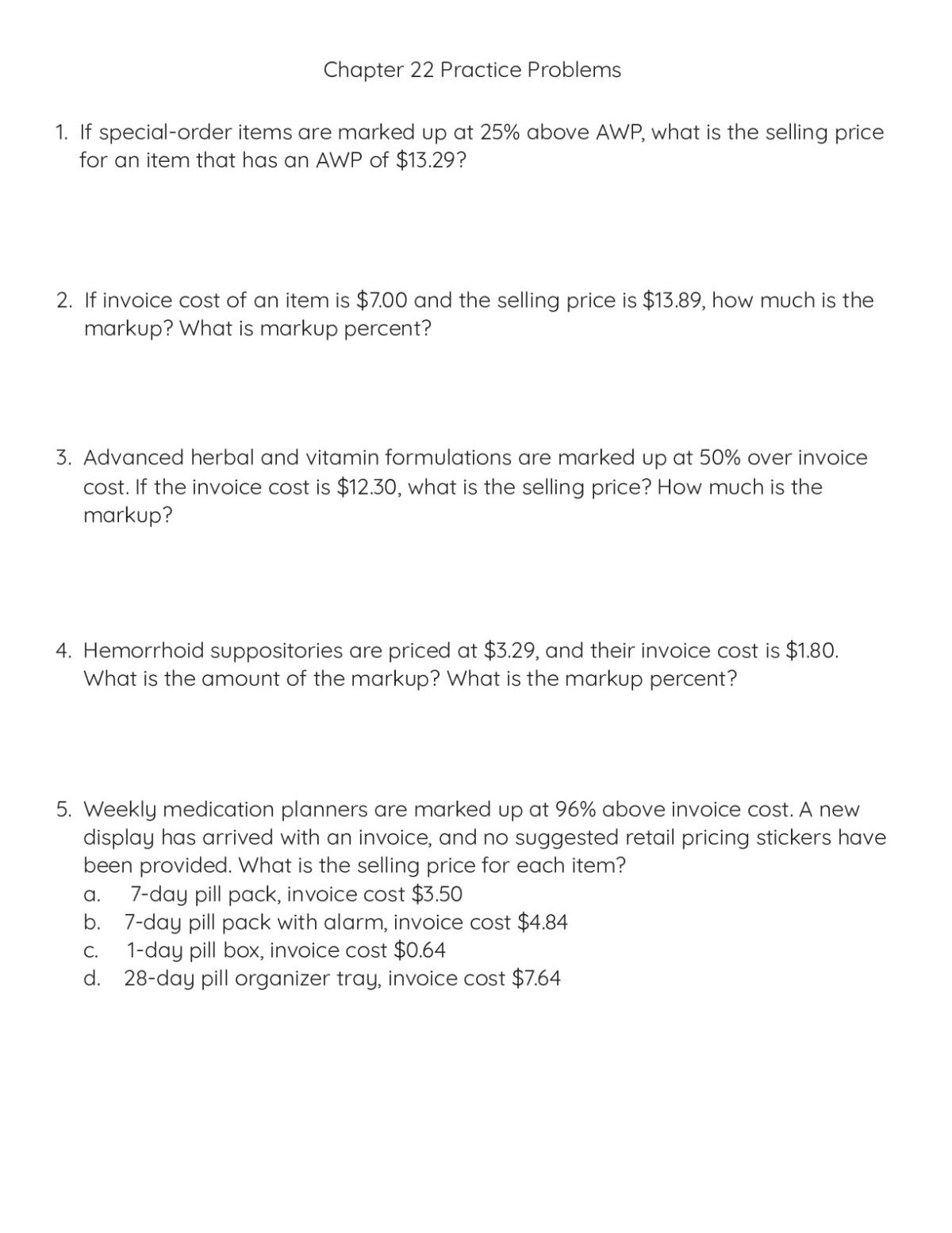 Pharmacy pricing worksheet with problems on markup calculations, invoice costs, gross profit, and AWP pricing for healthcare training.