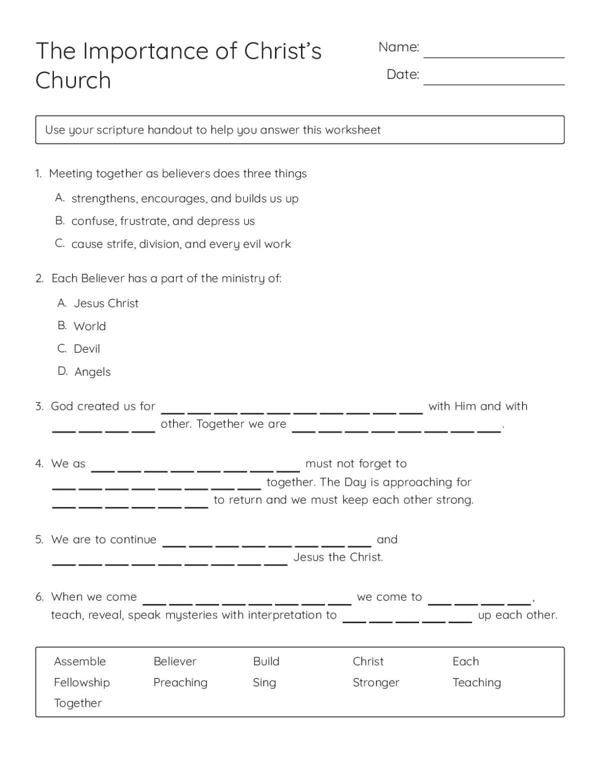 Printable 6th grade Christian faith worksheet with fill-in-the-blank questions about church community and fellowship.