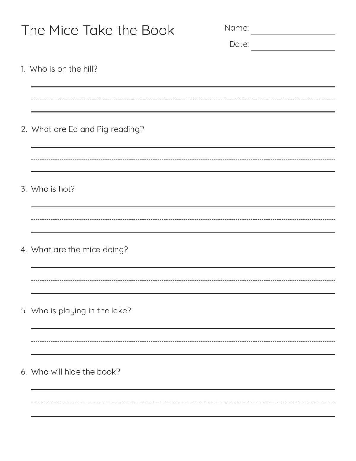 Printable 3rd grade reading comprehension worksheet with nine questions about a story with mice, Ed, and Pig.