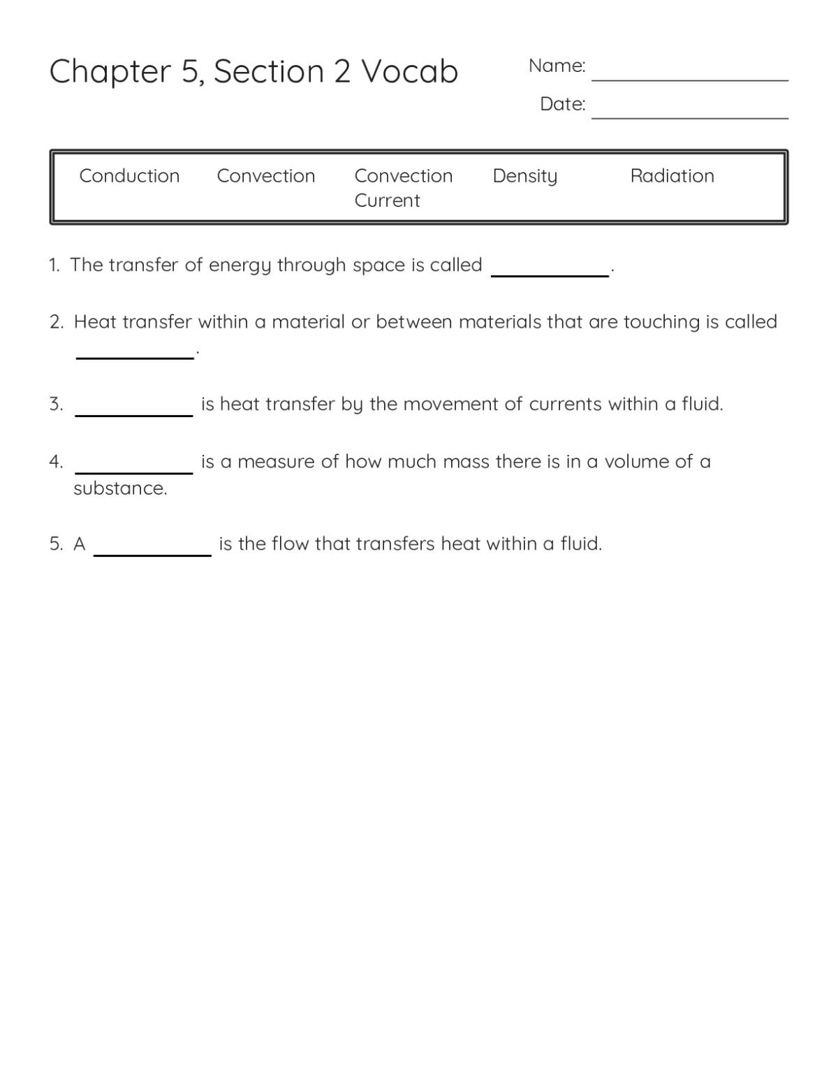 Printable 6th grade vocabulary worksheet on heat transfer with fill-in-the-blank questions on conduction, convection, and radiation.