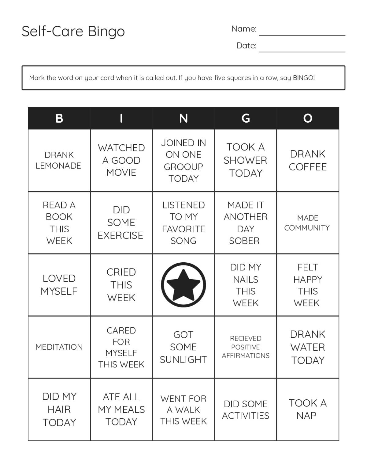 Self-care bingo cards with wellness prompts including meditation, hydration, exercise, and mindfulness activities.