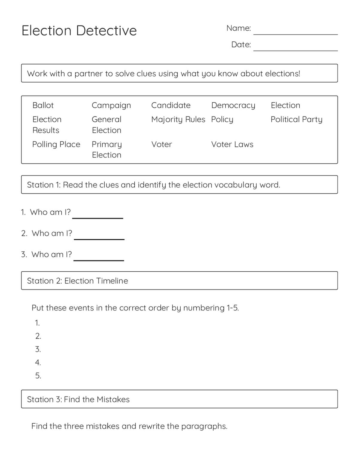 Printable 6th–7th grade civics worksheet with six stations on election vocabulary, voting timelines, and democracy concepts.