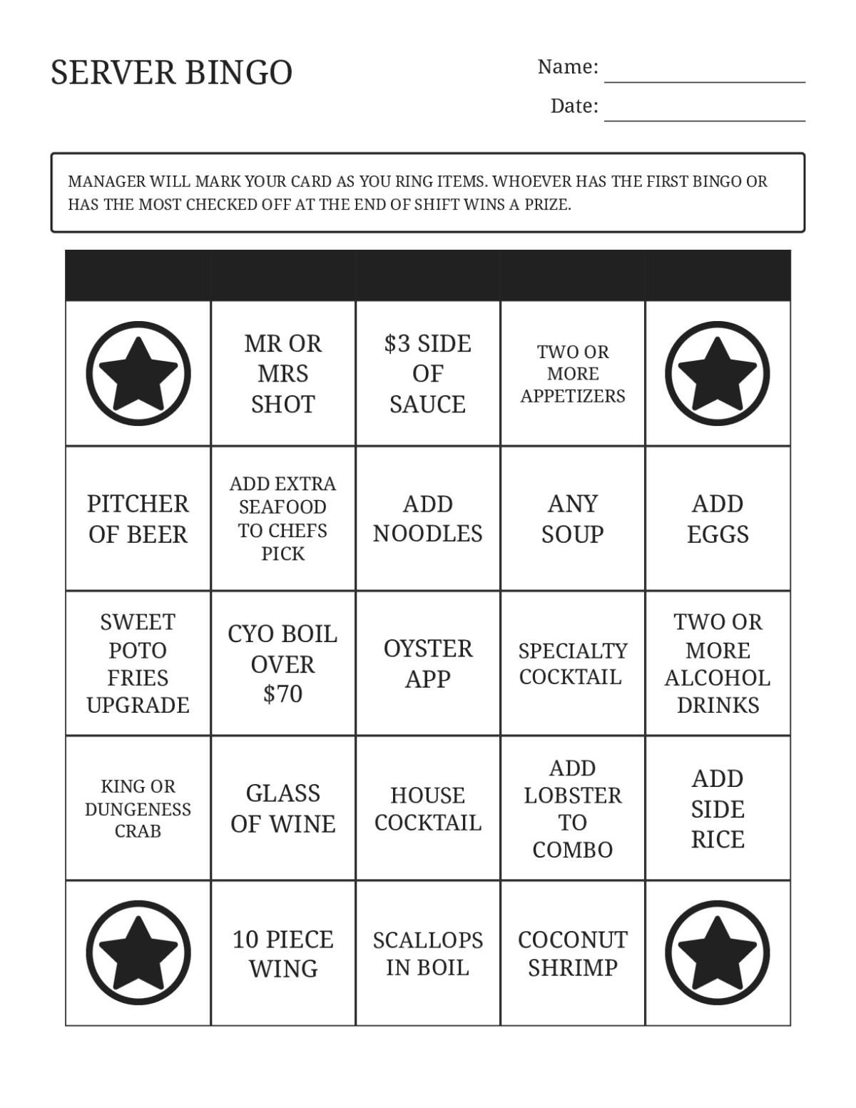 Server Bingo Cards with menu items including seafood, cocktails, and restaurant orders.