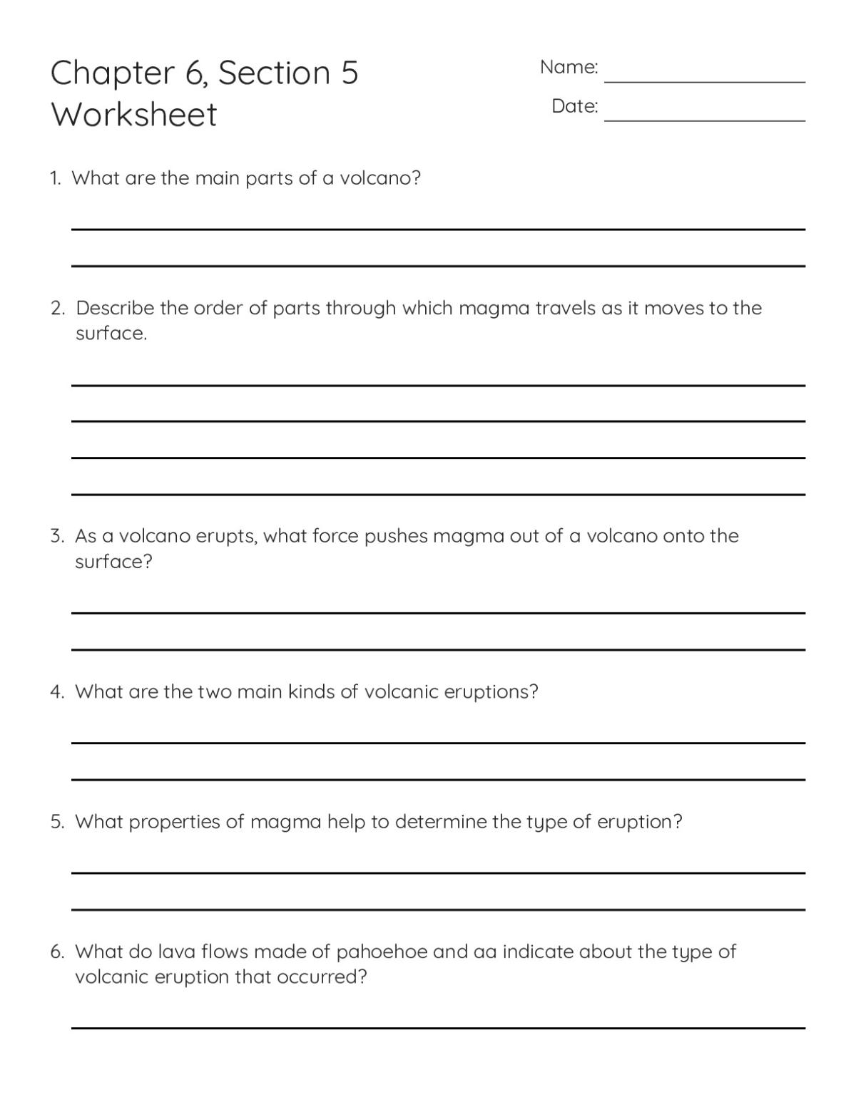 Printable 6th grade science worksheet with short-answer questions on volcano anatomy, magma, and types of volcanic eruptions.