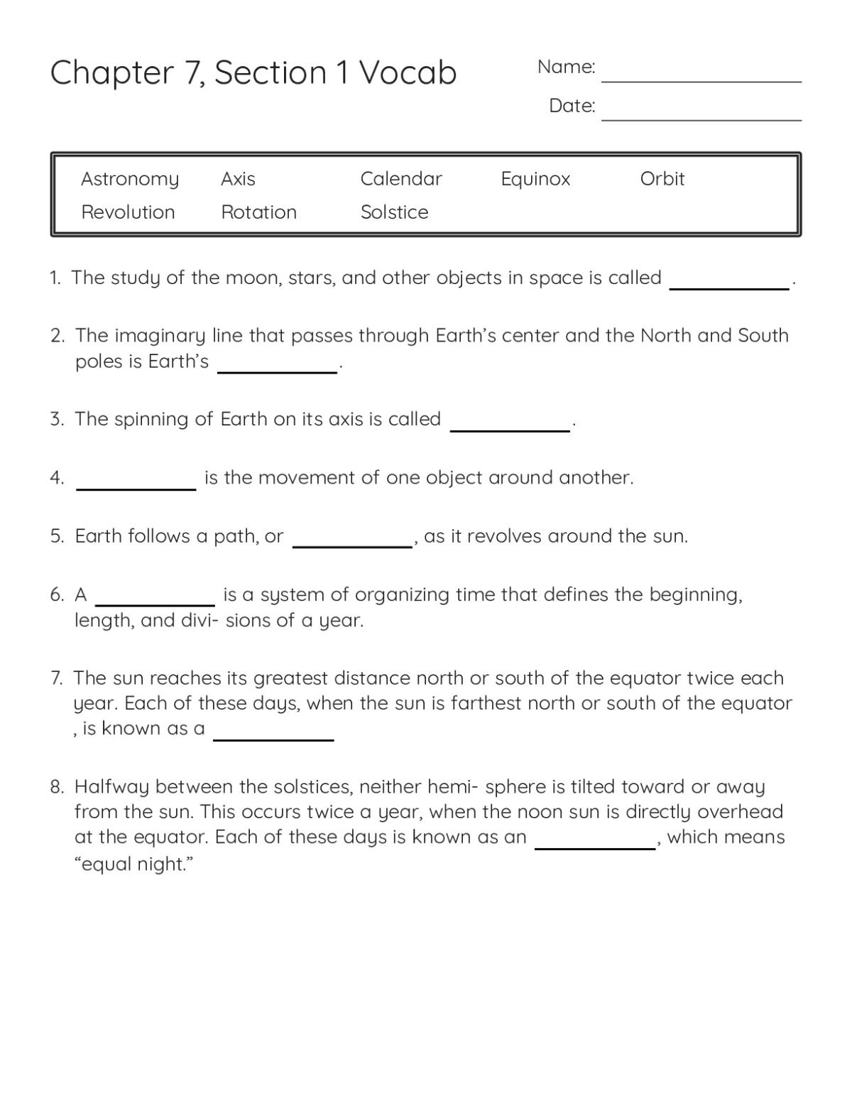 6th grade earth-science vocabulary worksheet with fill-in-the-blank questions on astronomy, rotation, orbit, and seasonal cycles.