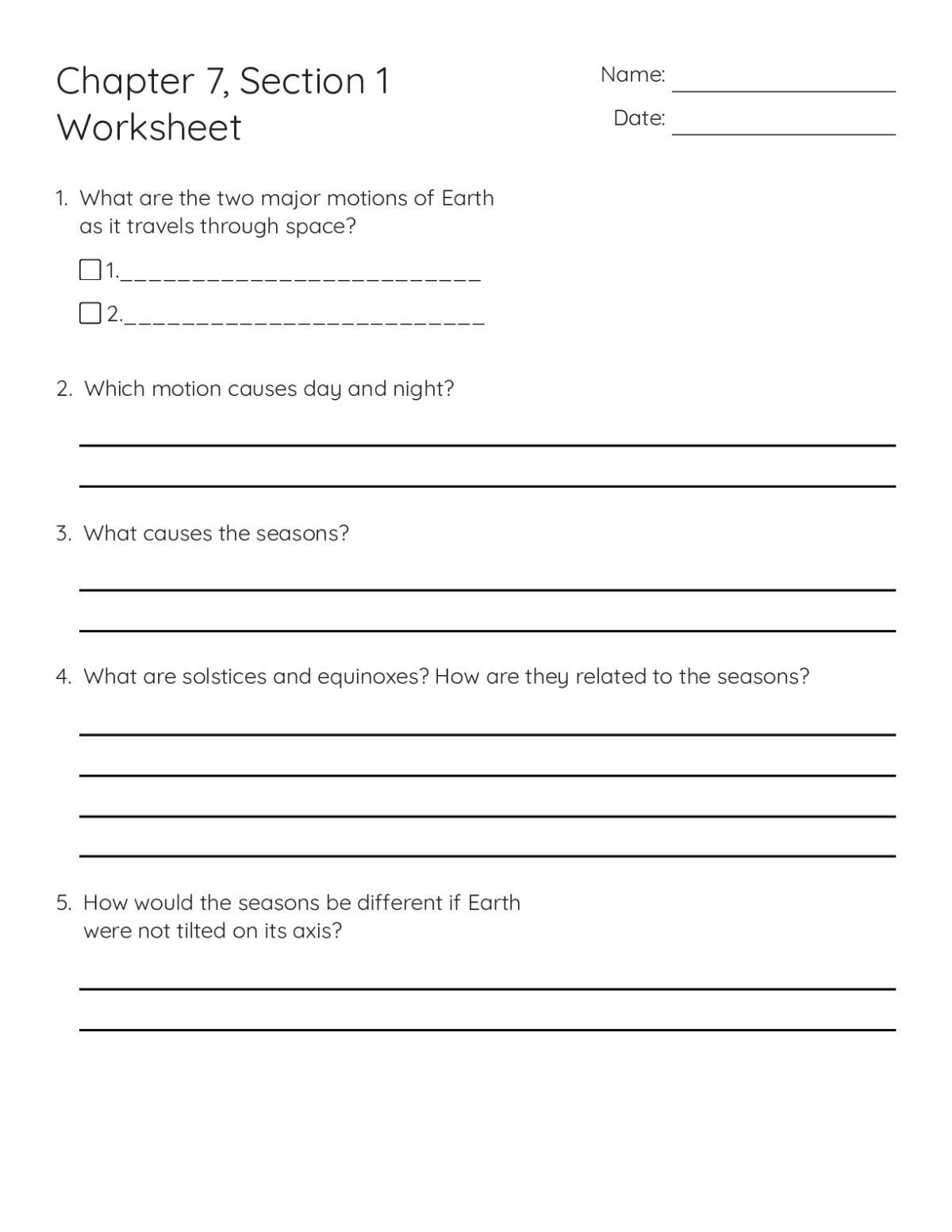 Printable 6th grade earth science worksheet on Earth's rotation and revolution, day-night cycles, seasons, and the effects of Earth's tilt.