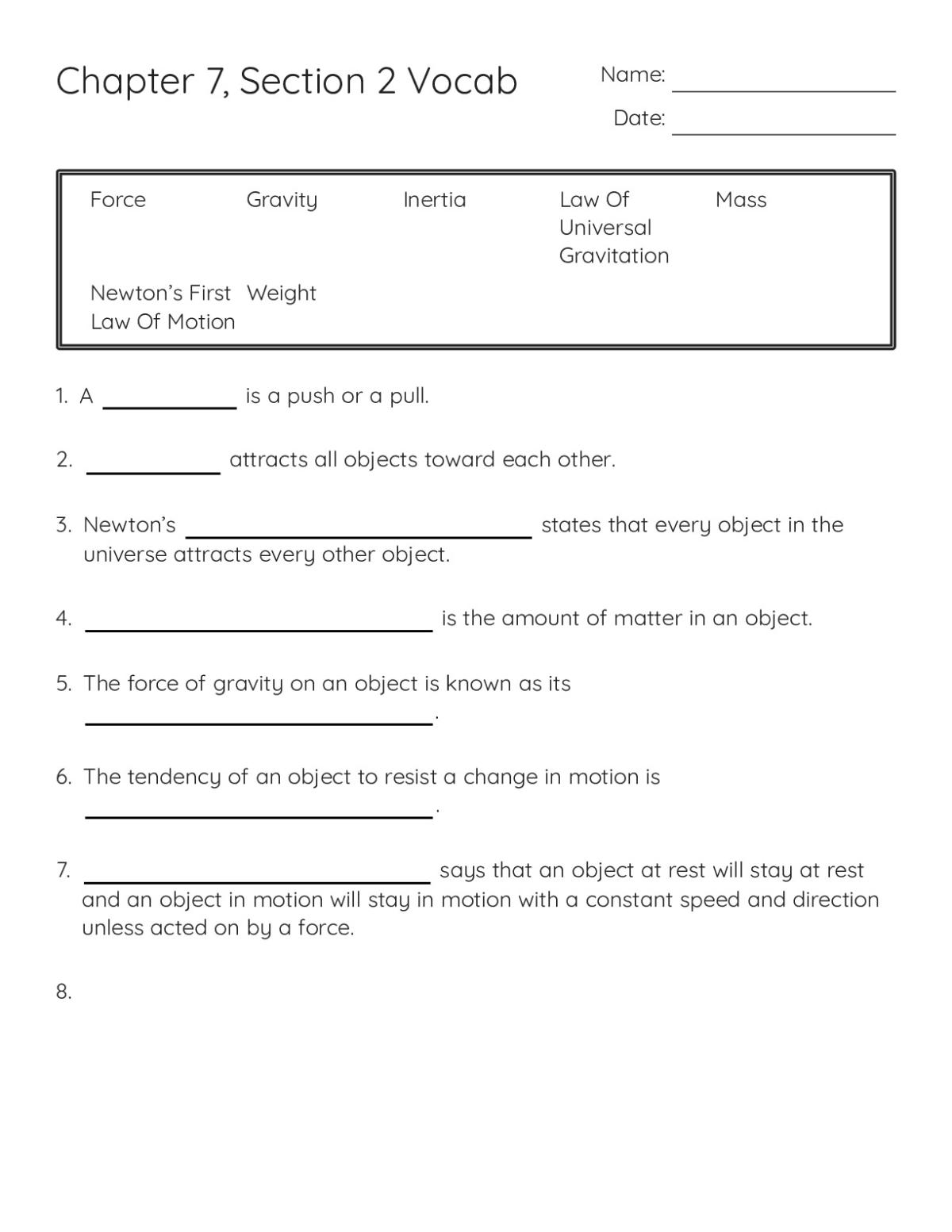 Printable 6th grade science worksheet with vocabulary fill-in-the-blank sentences on forces, gravity, inertia, and Newton's laws of motion.