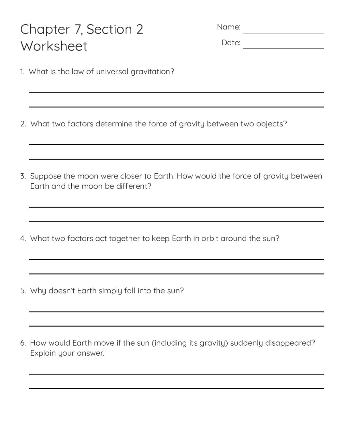Printable 6th grade science worksheet with questions about universal gravitation, orbital motion, and Earth's relationship to the sun.