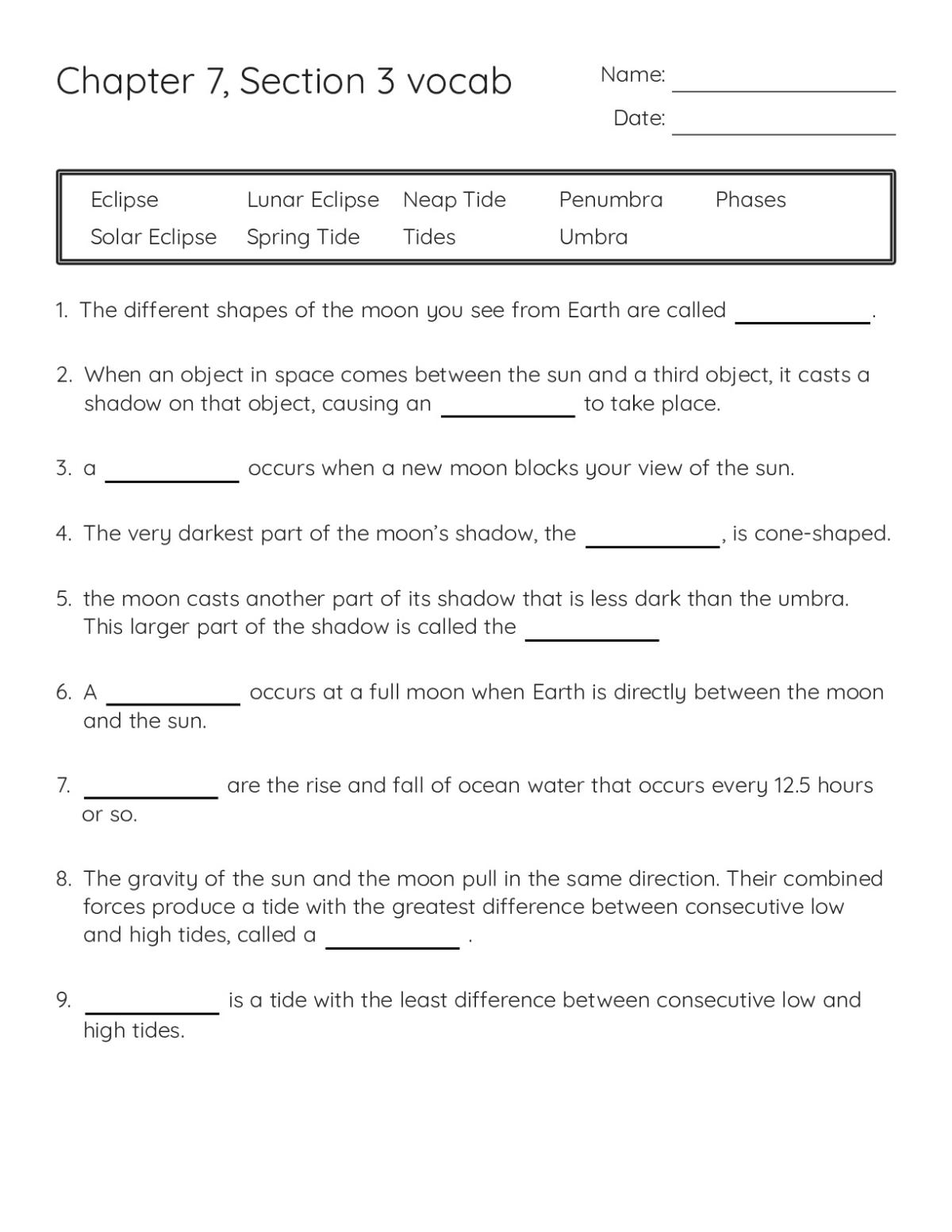 6th grade vocabulary worksheet on moon phases, eclipses, and tides with fill-in-the-blank sentences and word bank.