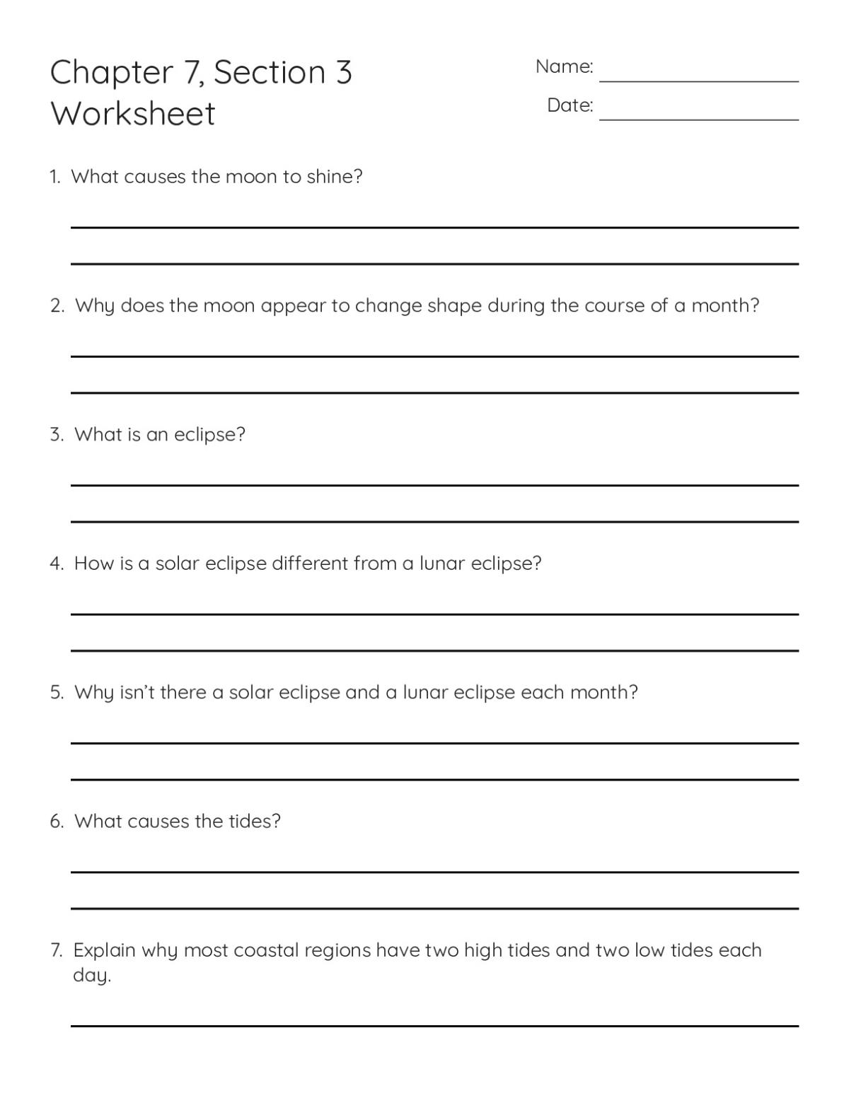 Printable 6th grade science worksheet with eight questions on moon phases, eclipses, and tides.