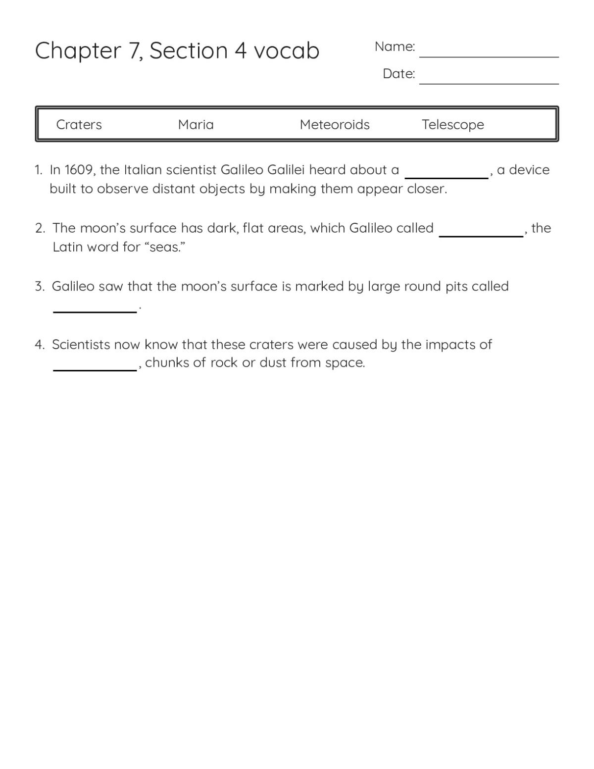 Printable 6th grade vocabulary worksheet with fill-in-the-blank sentences about moon craters, maria, and meteoroids.