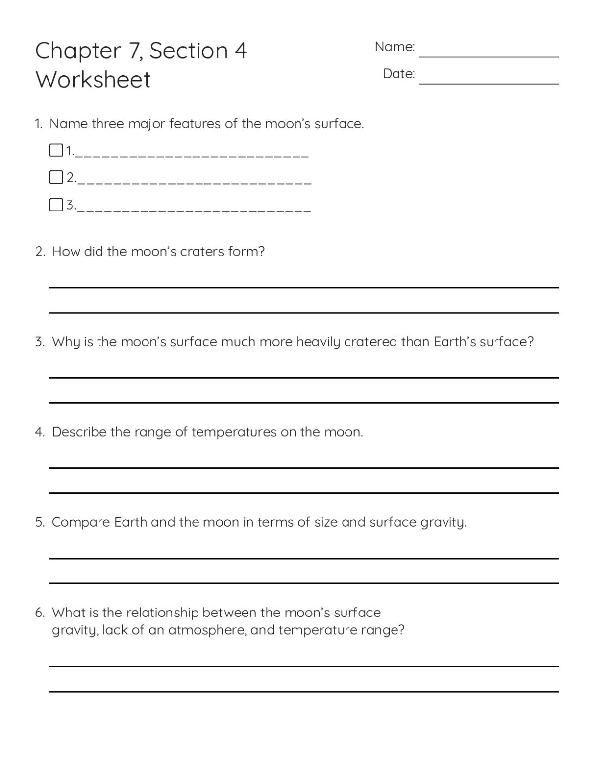 Printable 6th grade astronomy worksheet with questions about the moon's craters, surface features, and formation.