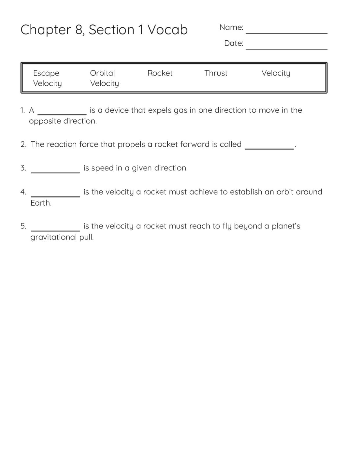 Printable 6th grade science vocabulary worksheet with fill-in-the-blank sentences on rockets, thrust, orbital velocity, and escape velocity.