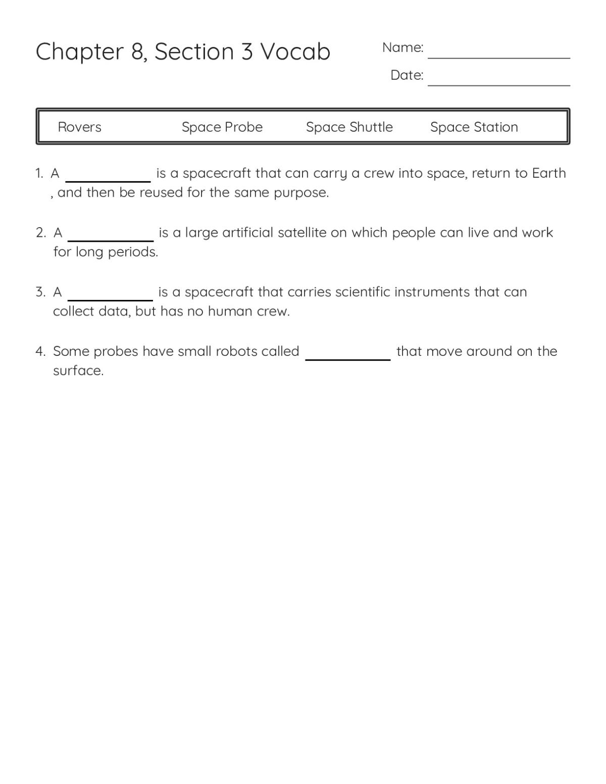 Printable 6th grade vocabulary worksheet with fill-in-the-blank sentences on space exploration terms including space shuttle, space station, and rovers.