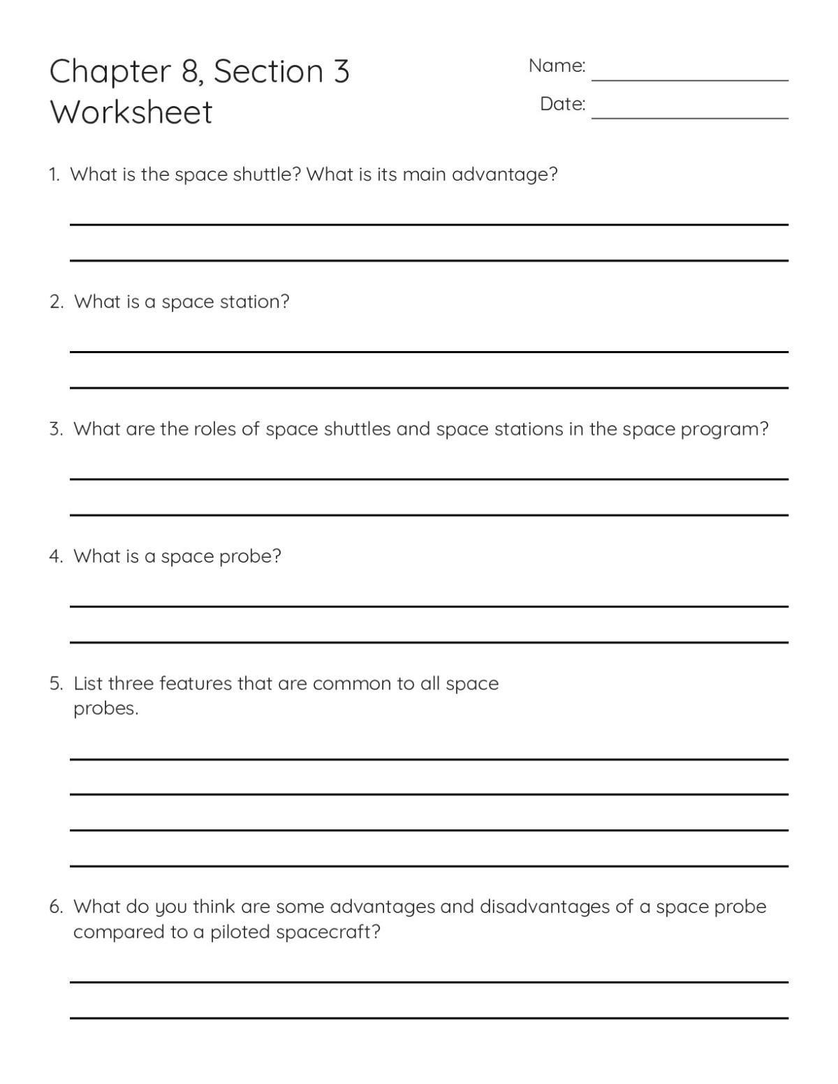 Printable 6th grade science worksheet with six open-response questions on space shuttles, space stations, and space probes.