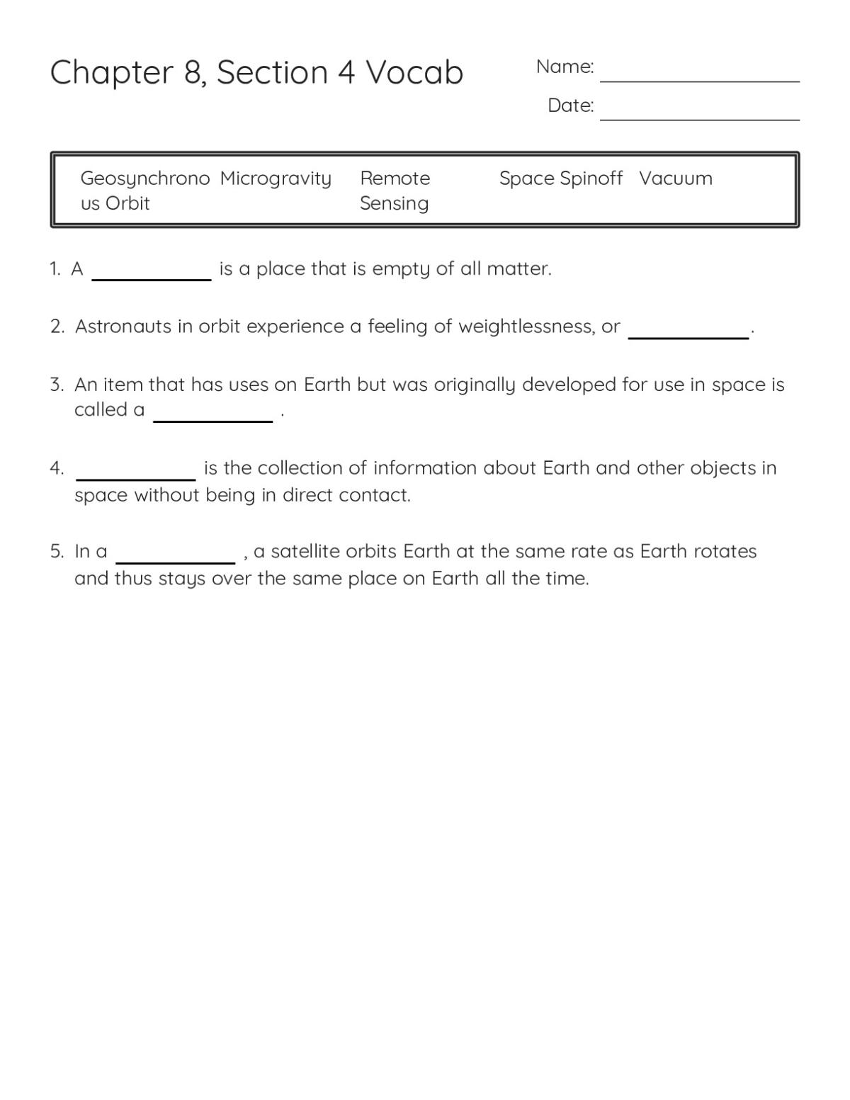 Printable 6th grade vocabulary worksheet with five fill-in-the-blank sentences on space exploration terms like microgravity and geosynchronous orbit.