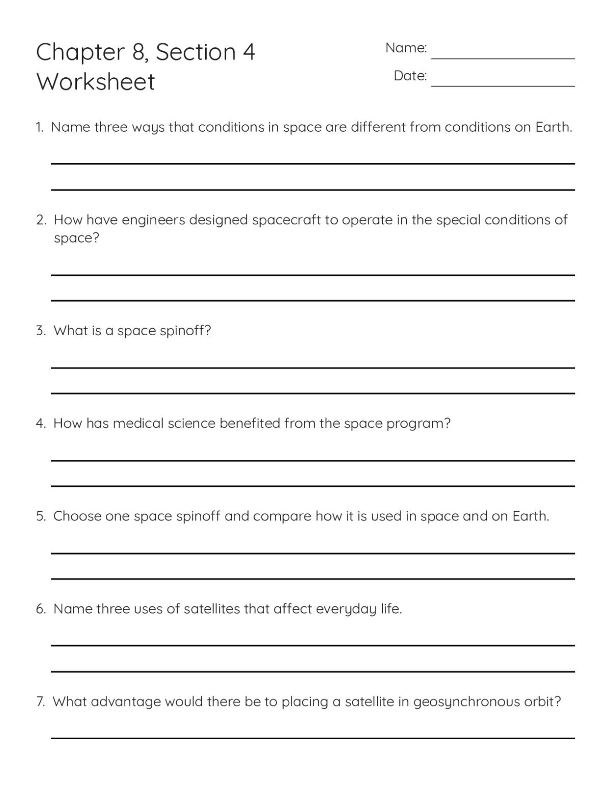 Printable 6th grade science worksheet with open-response questions about space, spacecraft, satellites, and space spinoffs.
