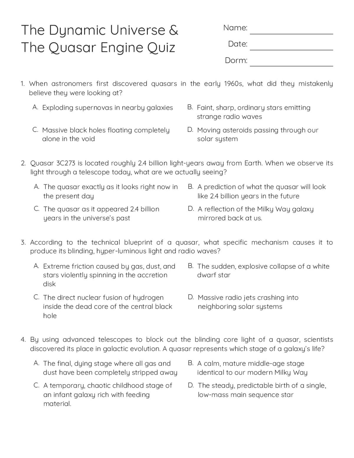 6th grade science quiz with multiple-choice questions on quasars, black holes, and galaxies.