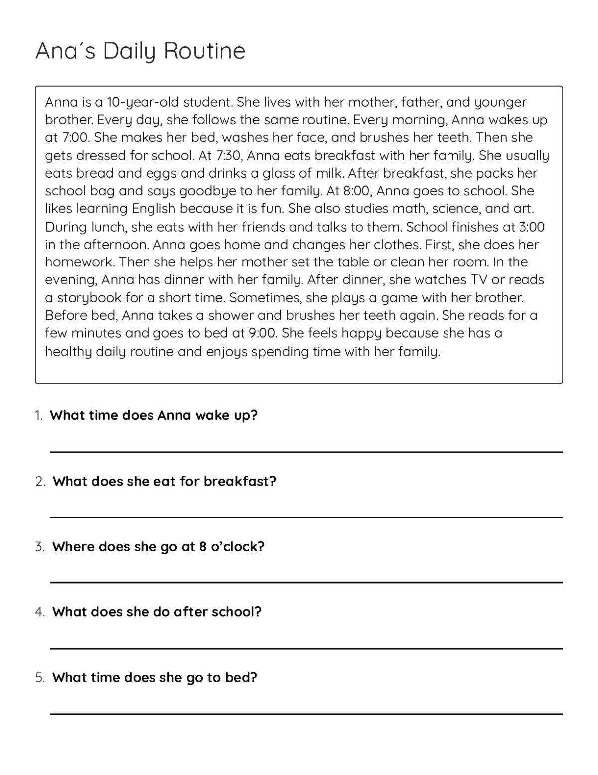 Reading comprehension worksheet with a short passage about Anna's daily routine and five comprehension questions.