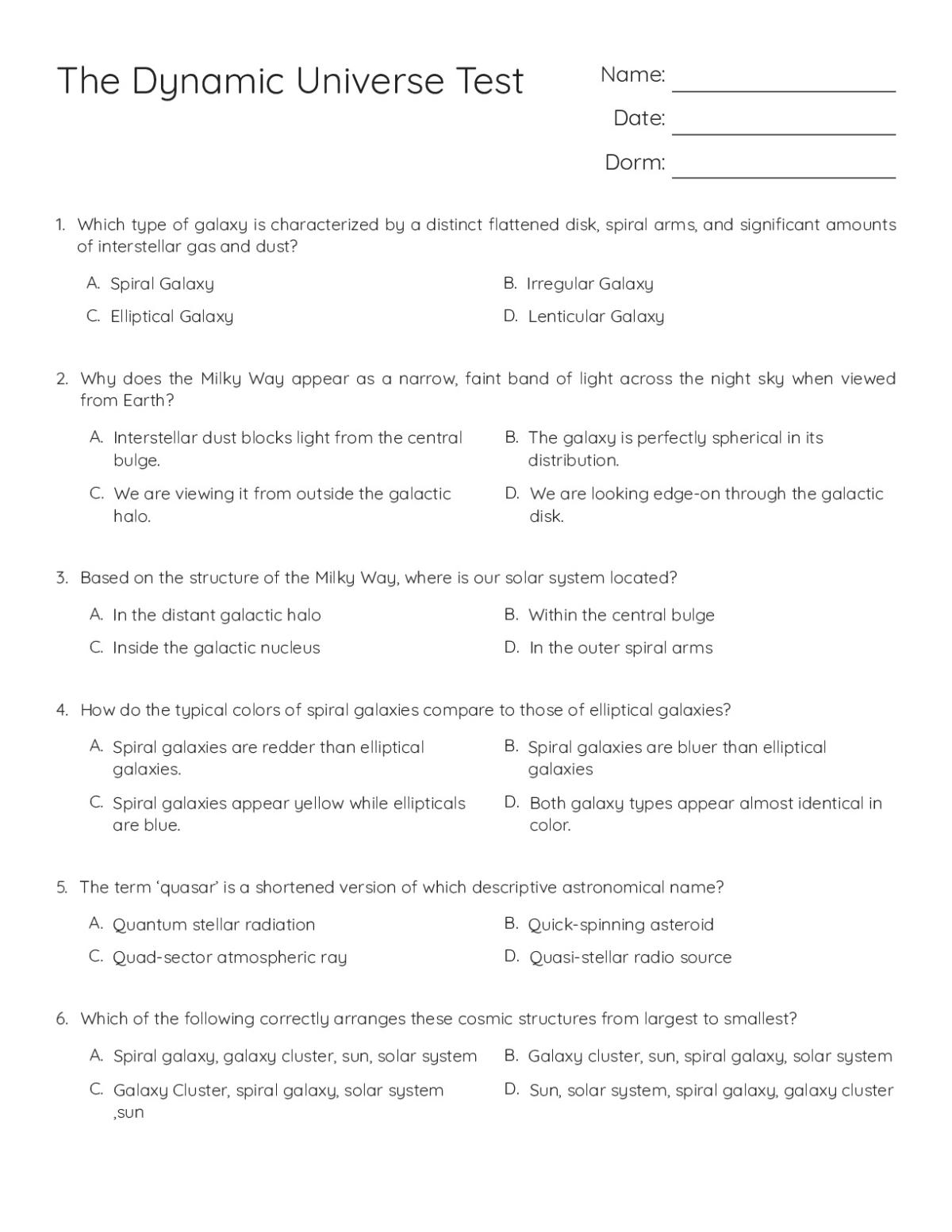 Printable 6th grade science test with eight multiple-choice questions on galaxy types, the Milky Way, and quasars.
