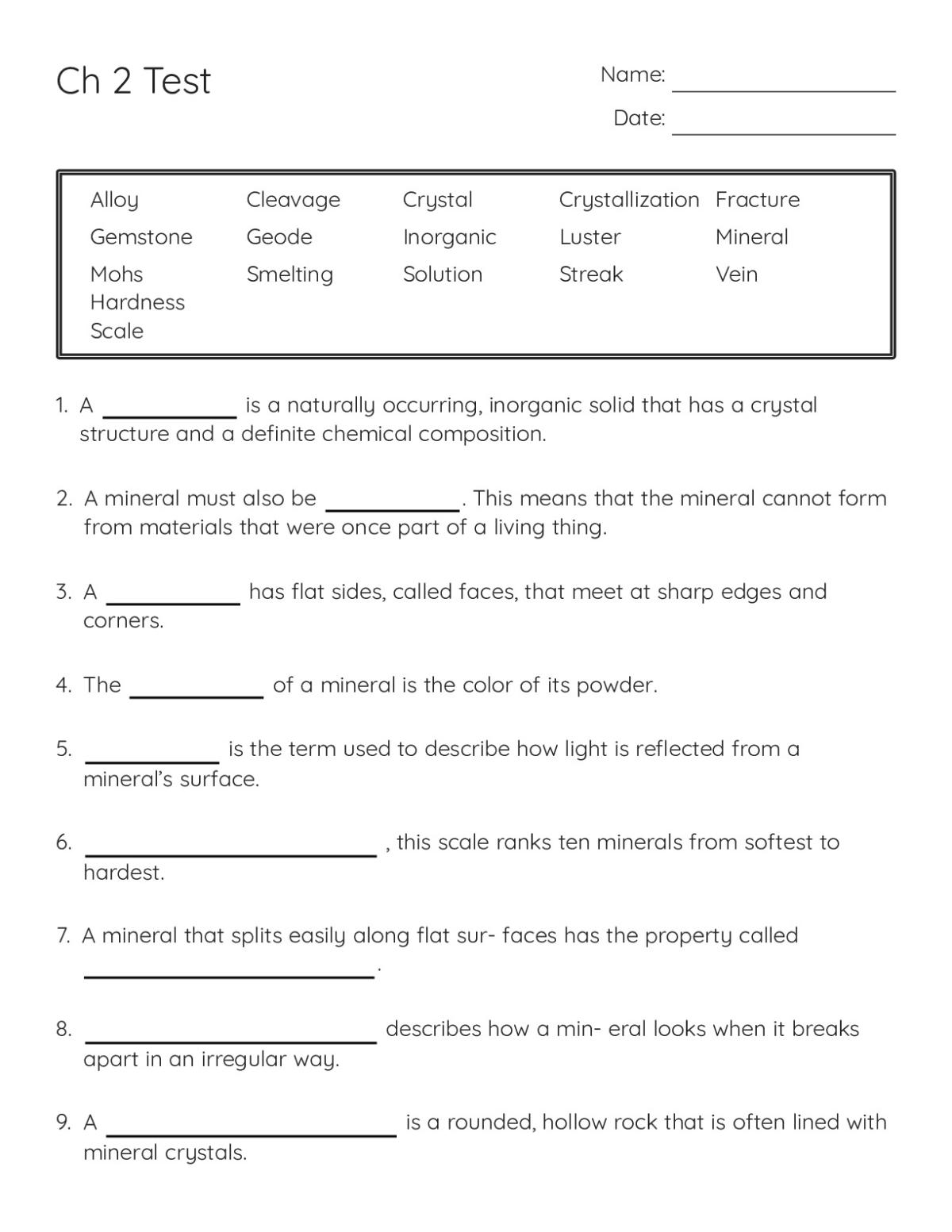 Printable 6th grade minerals test with fill-in-the-blank, true/false, and multiple-choice questions on mineral properties and identification.