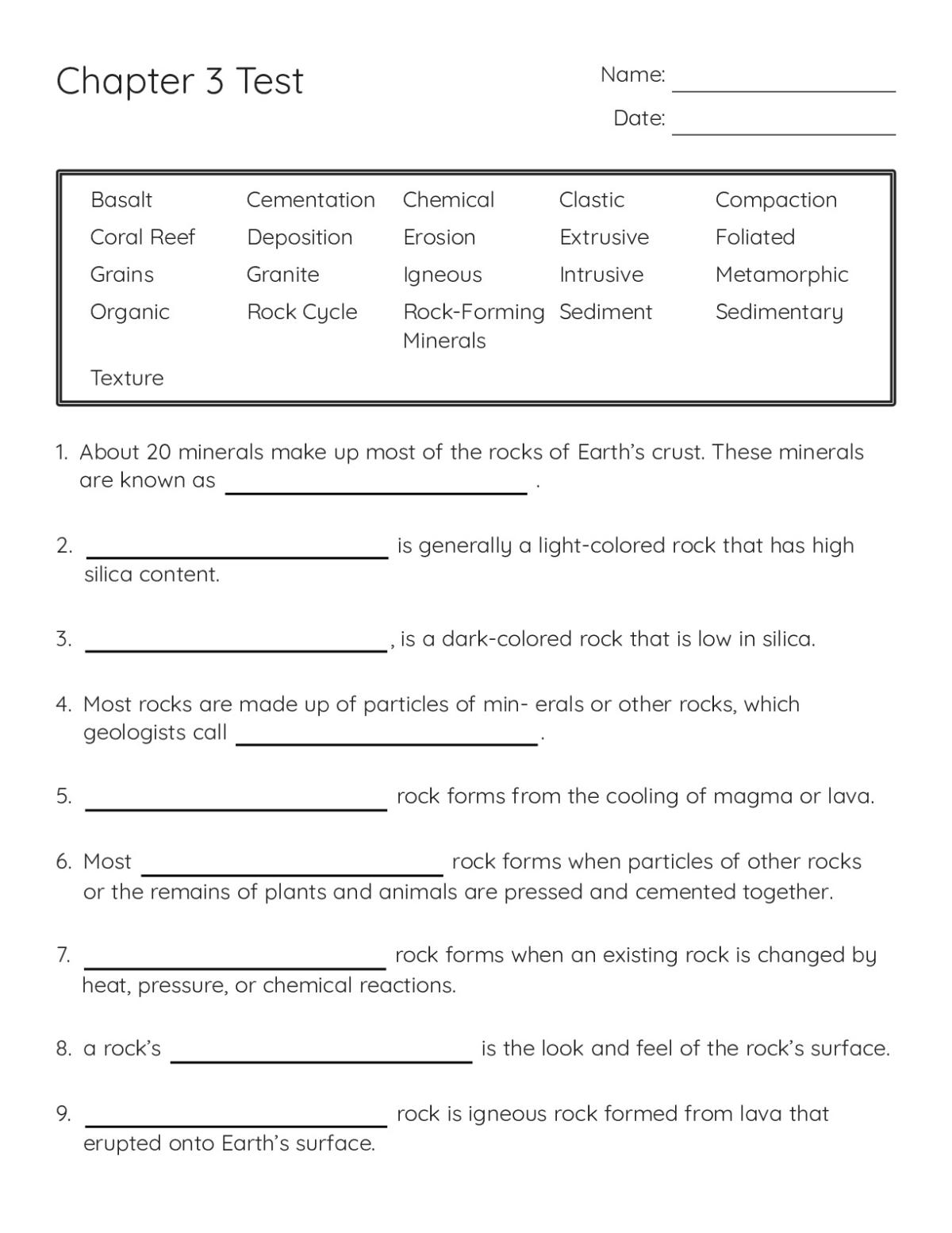 Printable 6th grade earth science test with vocabulary and questions about rocks, minerals, and the rock cycle.