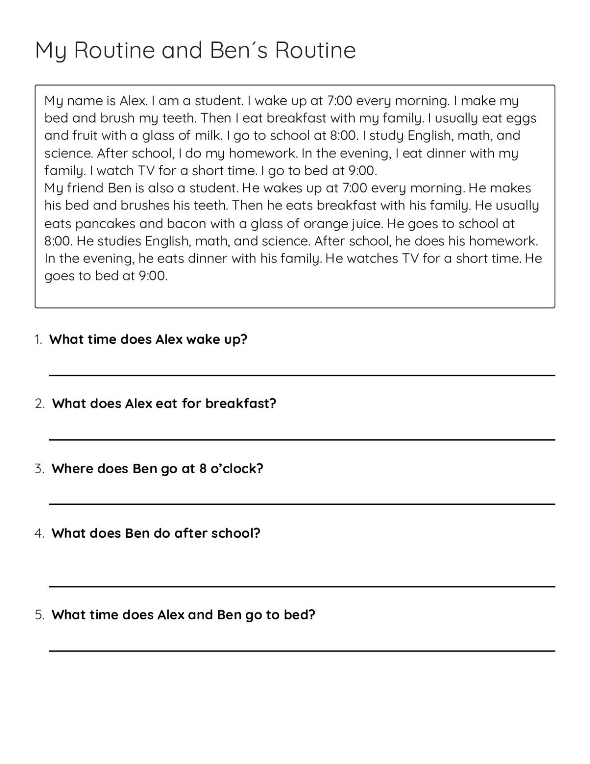 ESL reading comprehension worksheet showing two students' daily routines with five comprehension questions about Alex and Ben.